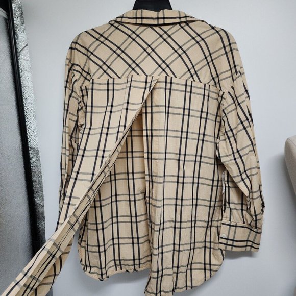 Zara Plaid Size Medium Tie Back Shirt Top Blouse Button Front Tan Gray womens - Picture 5 of 12